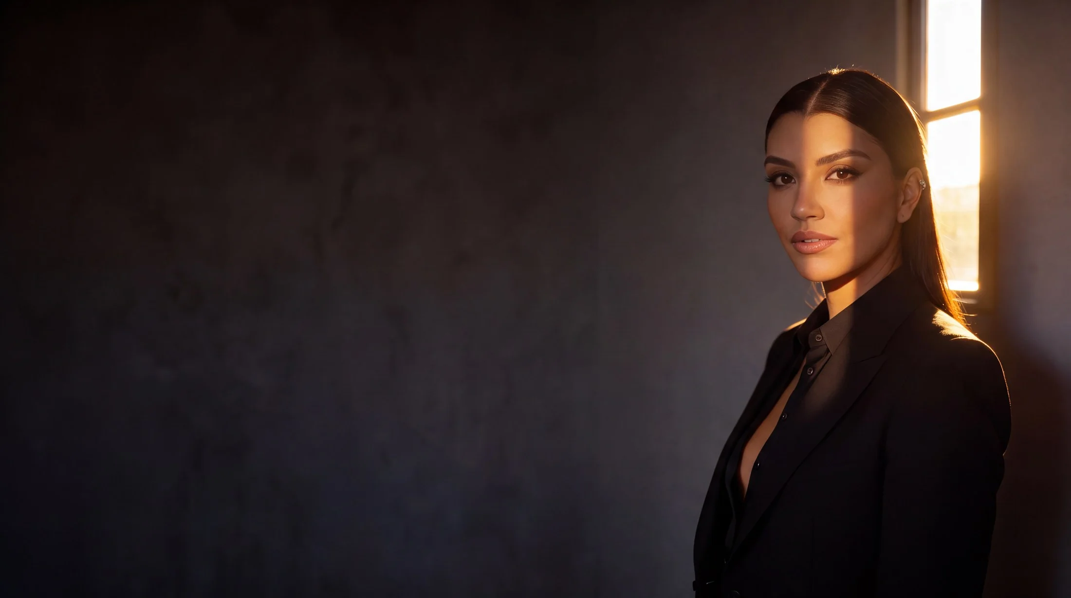 Retrato da Dra. Daniela Carvalho, de blazer preto, com luz quente de janela recortando o perfil sobre fundo escuro